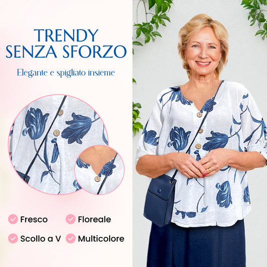 Top da donna in lino con scollo a V e vestibilità ampia