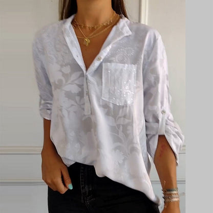 Top donna casual stampato con risvolto e maniche regolabili